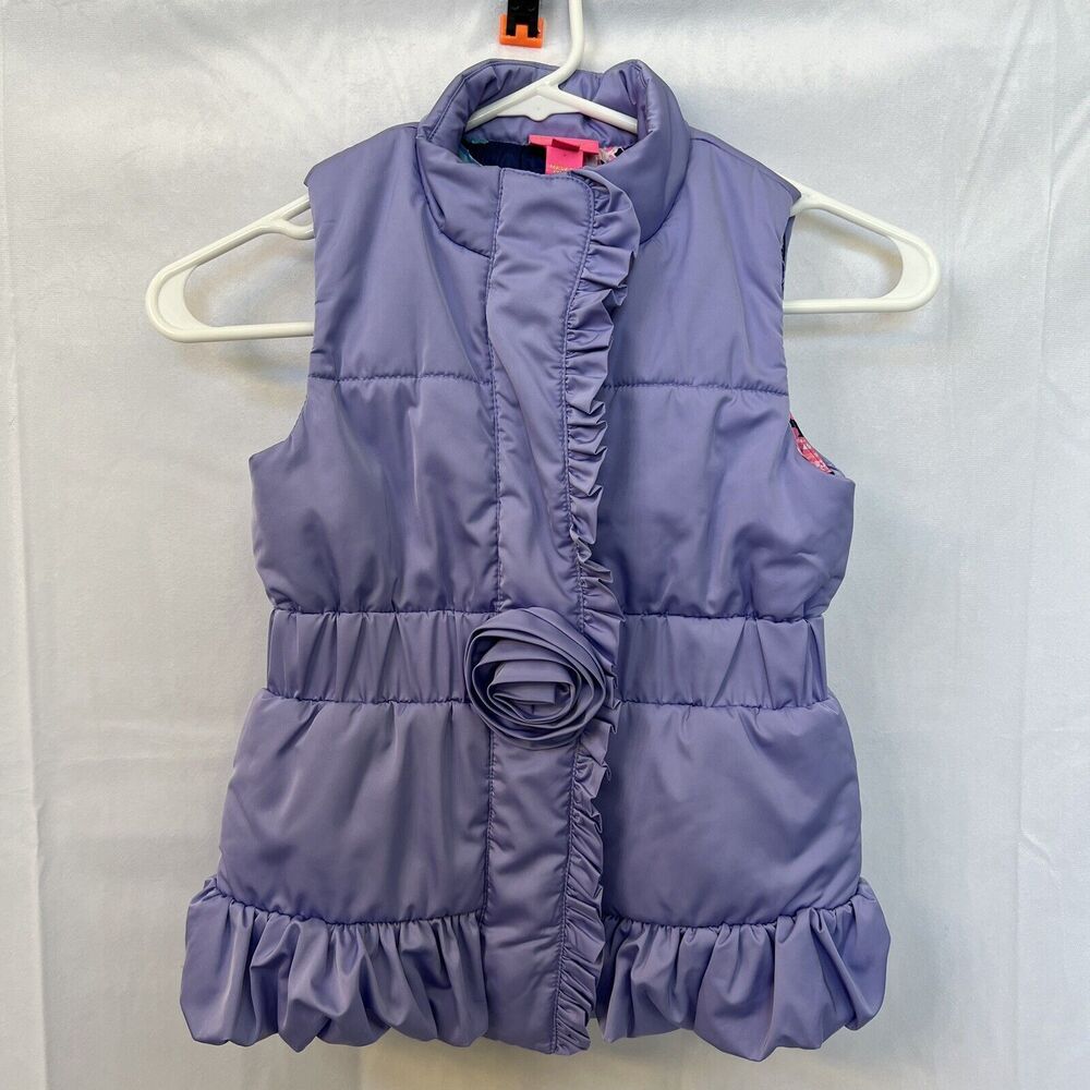 Lilly Pulitzer Girls Caylee Lavender Puffer Vest Floral‎ Lined Ruffle Medium 6/7